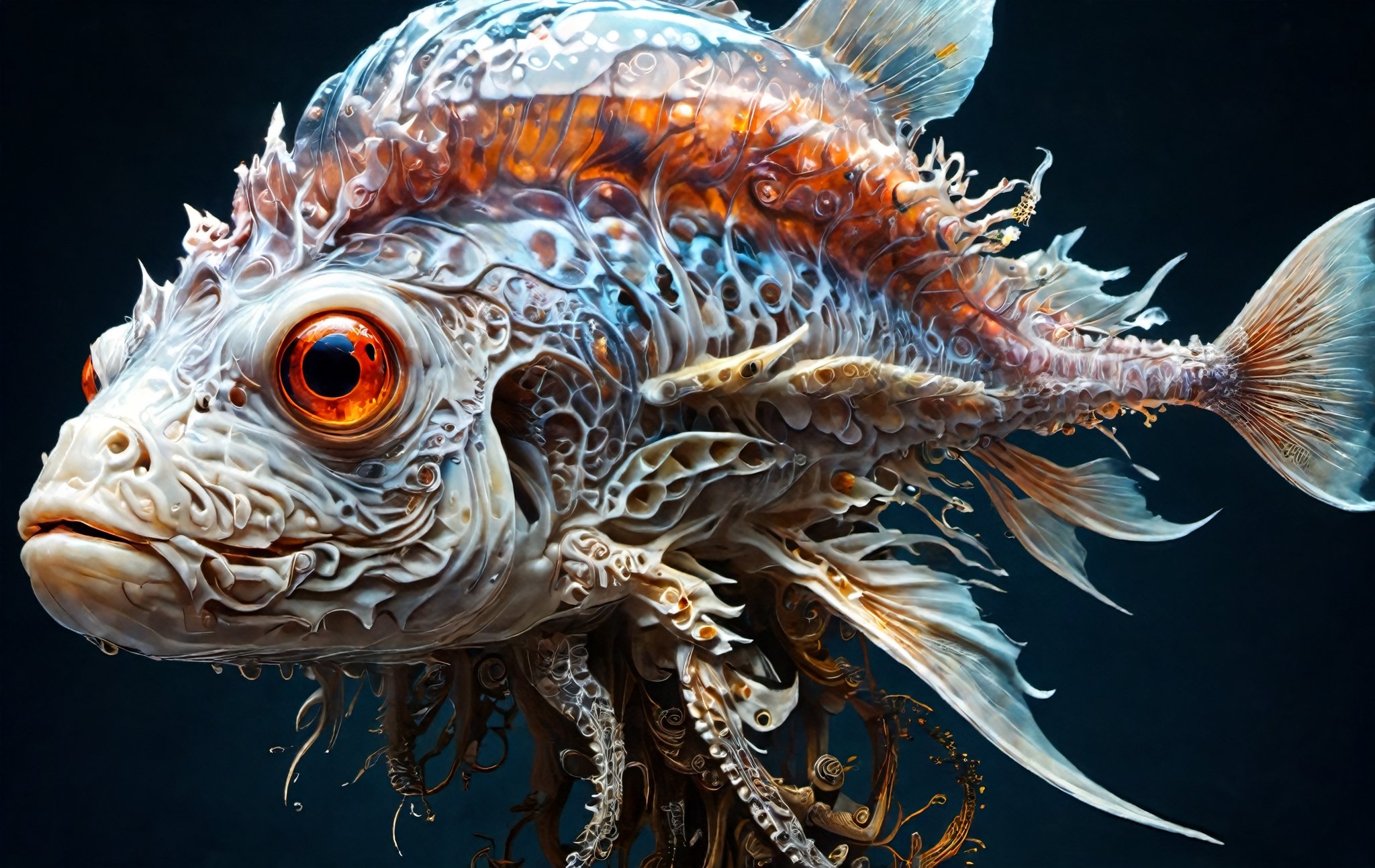 a masterpiece artwork  of a deep-sea fish with a huge bulging brain,  projecting powerful  X-rays,  long semi-transparent (fins:1.1), psionic powers, highly detailed,   intricate carved alabaster nygroth 
