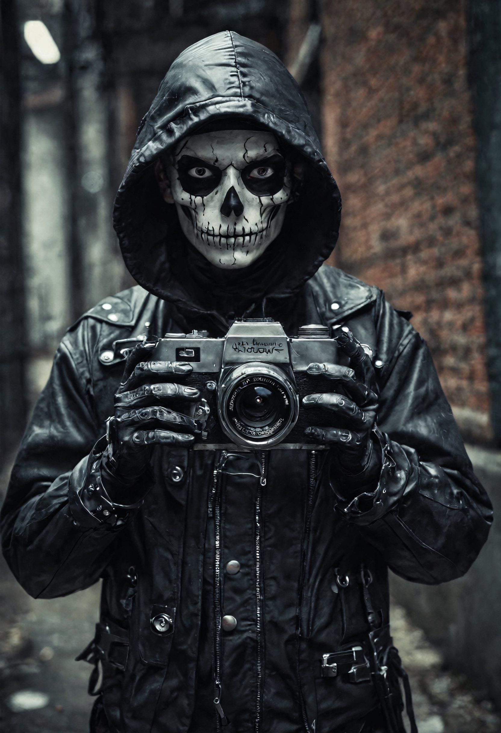 macabre style gritty street photography, holding a camera, young hacker, urban, matrixpunk cyber-costume, . dark, gothic, grim, haunting, highly detailed,
