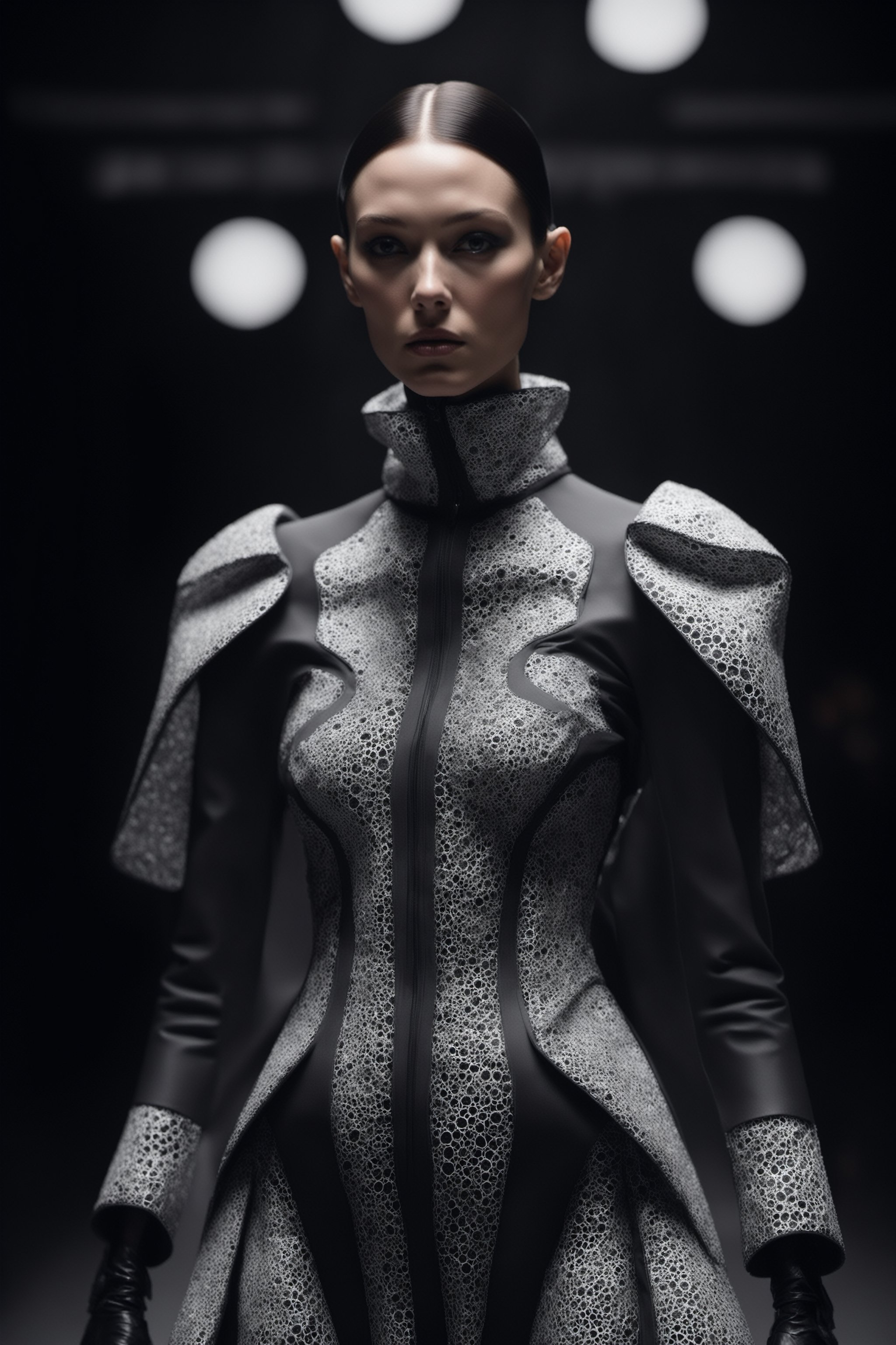 An elegant female super model at London Fashion Week, wearing a costume designed by Thom Browne with design elements including 3D generative Voronoi artwork created by artificial intelligence black-white textile materials polarized.toplight lighting photographed with Sony A7 IV
,cyberpunk style,cyborg style,monster