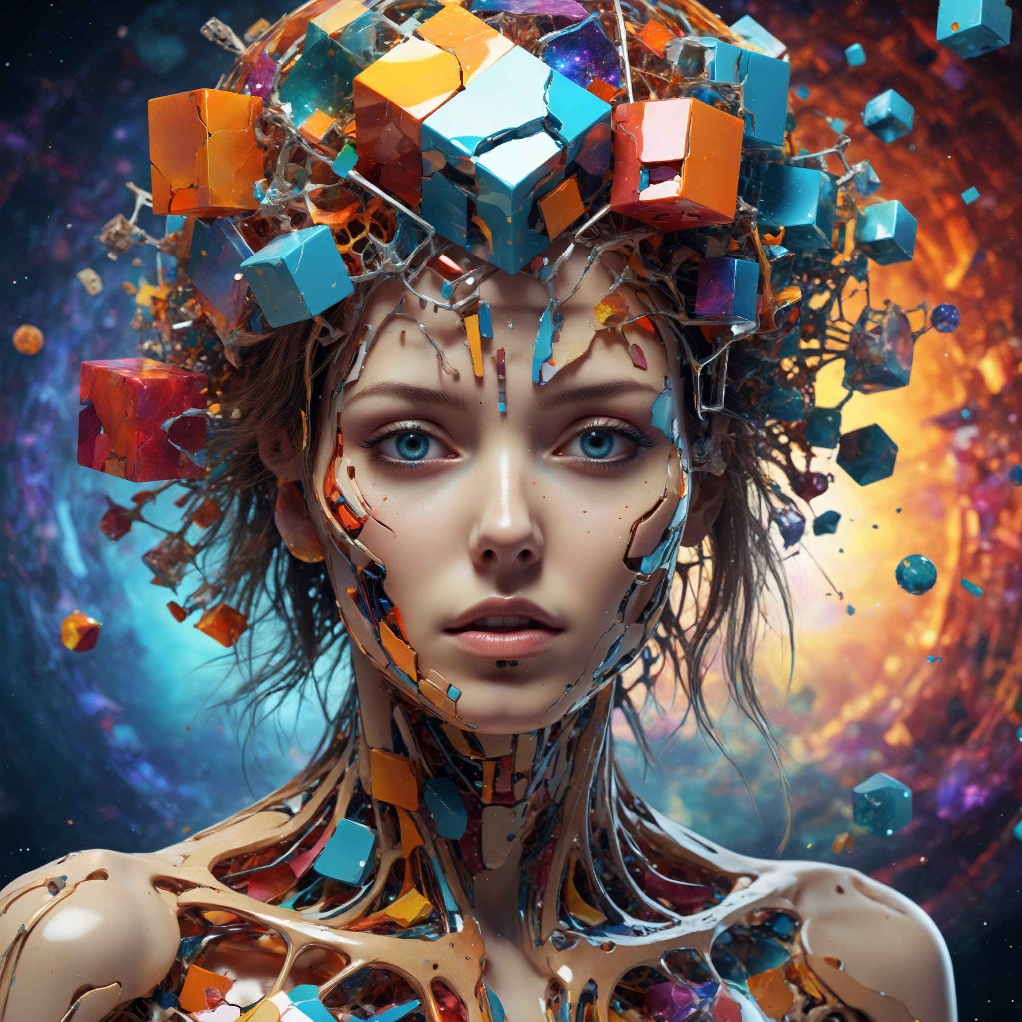 Human anatomy, 1girl, fragmented body parts, 3d cube body fragmentation, cubes and orbs breaking face, surrealistic cgi masterpiece, vibrant colours, rim lighting, mechanical fragmentation, biosphere decomposition, high detail, floating parts, detailed cosmic background, fractal art, galaxy light vision, 16k, Astral concept art, sharp lines,

