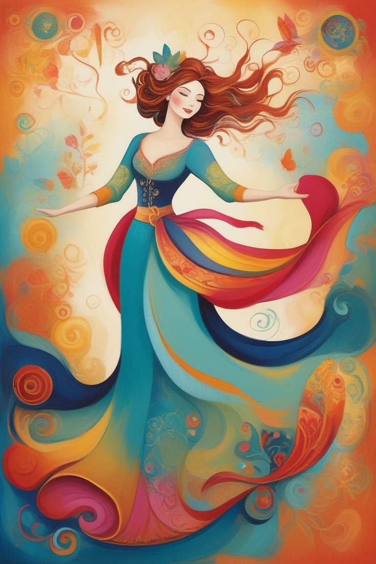 Whimsical and playful, a woman, imaginative, fantastical, bight colors, stylized, happy, whimsical and playful