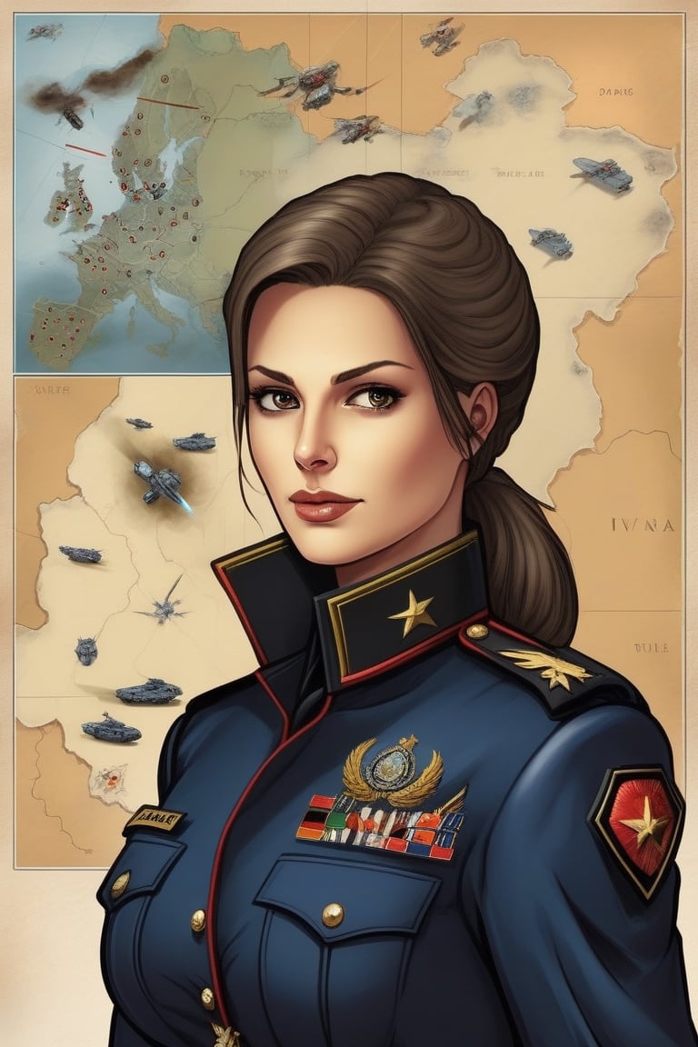 Strategy game style, Ivana Miličević as officer Dasha Fedorovich from Command and Conquer, overhead view, detailed map, units, reminiscent of real-time strategy video games
