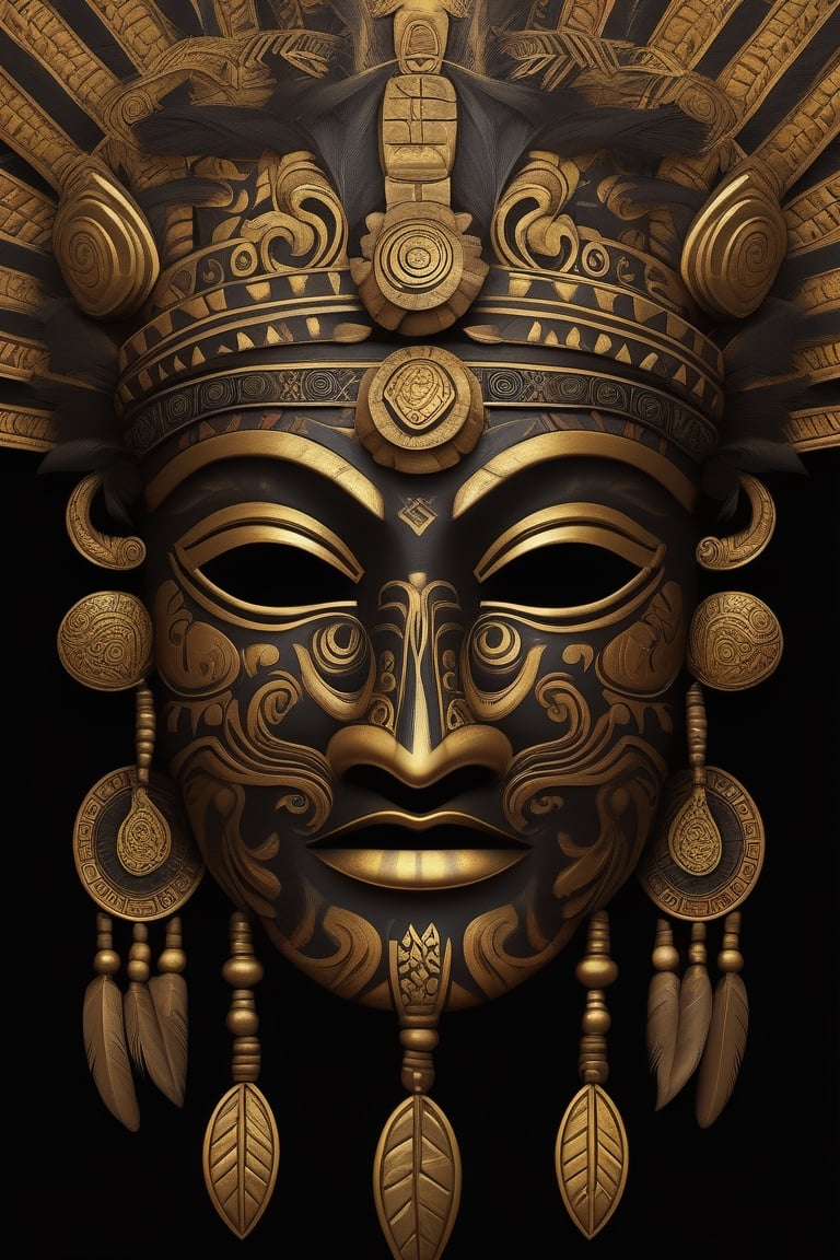 Tribal style, a black and dark gold mask \(Mayan\), indigenous, ethnic, traditional patterns, bold, natural colors, highly detailed