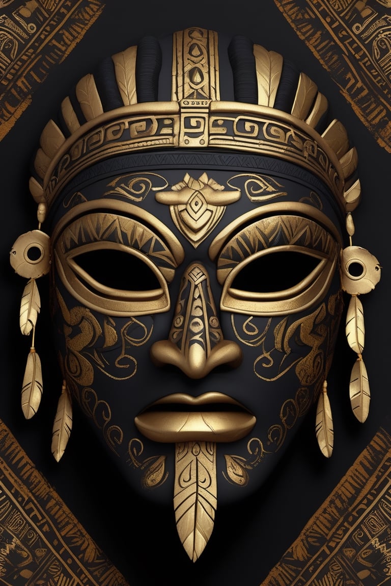 Tribal style, a black and dark gold mask \(Aztec\), indigenous, ethnic, traditional patterns, bold, natural colors, highly detailed