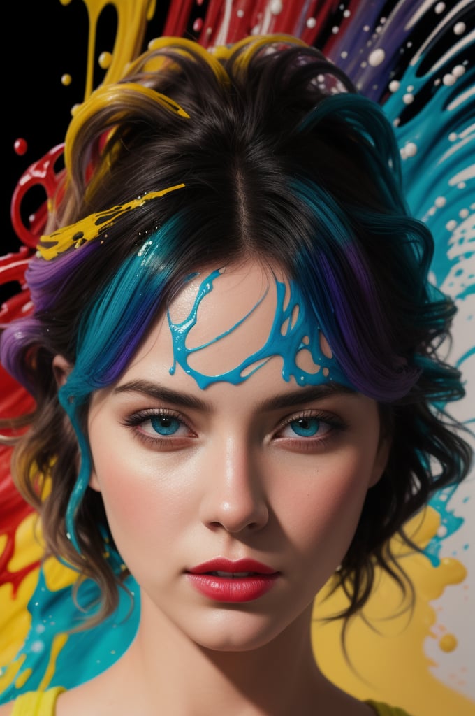 colorful beautiful woman, messy hair, cute face, nice perfect face with soft skinice, blue and yellow colors, light purple and violet additions, light red additions, intricate detail, splash screen, 16k resolution, masterpiece, artstation digital painting, very black ink flow, 8k resolution photorealistic masterpiece, intricately detailed fluid gouache, acrylic art, natural lighting