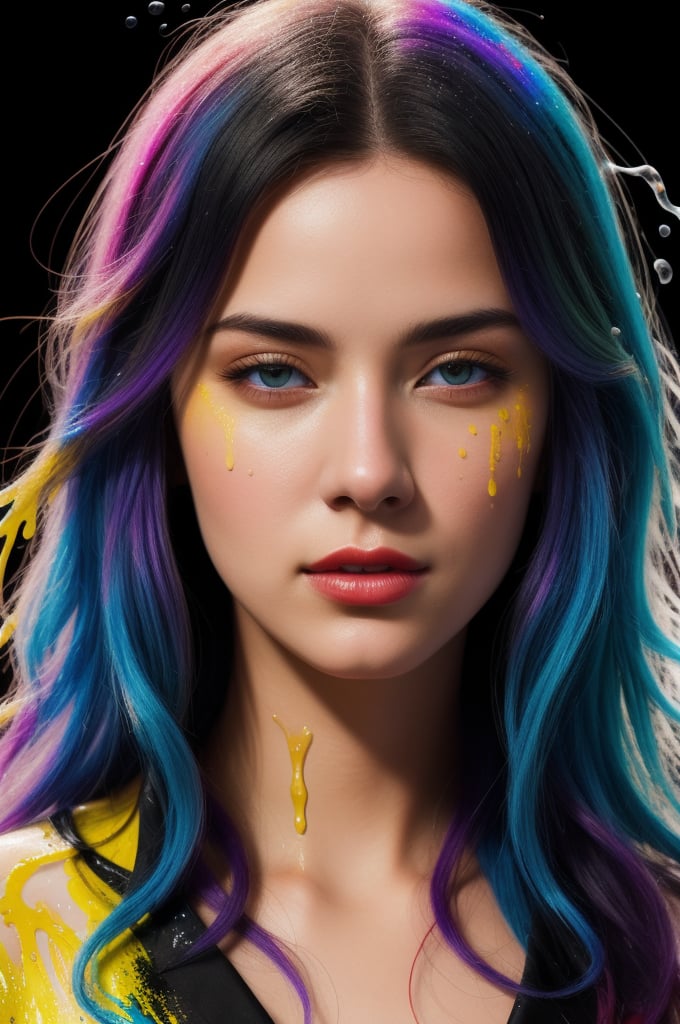 colorful beautiful woman, messy hair, cute face, nice perfect face with soft skinice, blue and yellow colors, light purple and violet additions, light red additions, intricate detail, splash screen, 16k resolution, masterpiece, artstation digital painting, very black ink flow, 8k resolution photorealistic masterpiece, intricately detailed fluid gouache, acrylic art, natural lighting