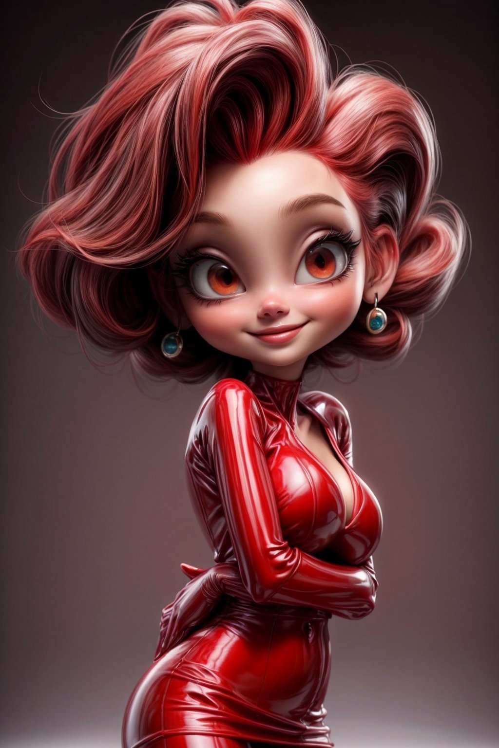 (masterpiece, high res, 16k, perfect anatomy, perfect face), Jessica Rabbit, cute, smile, shy, looking at viewer, black stocking, short (((red))) latex mini dress, sexy, long red hair