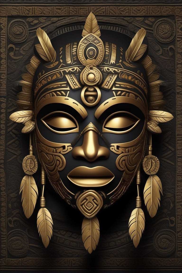 Tribal style, a black and dark gold mask \(Aztec\), indigenous, ethnic, traditional patterns, bold, natural colors, highly detailed