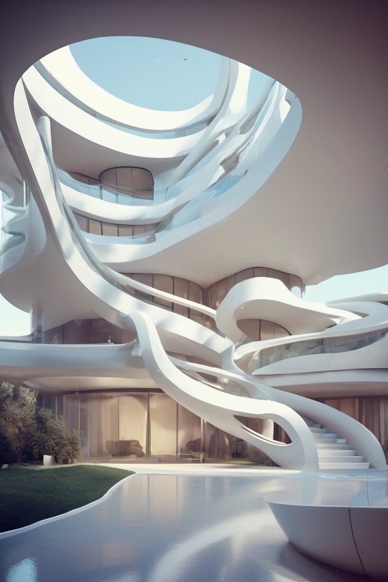 Neo-Futurism, a villa, high-tech, curves, spirals, flowing lines, idealistic future, Neo-Futurism