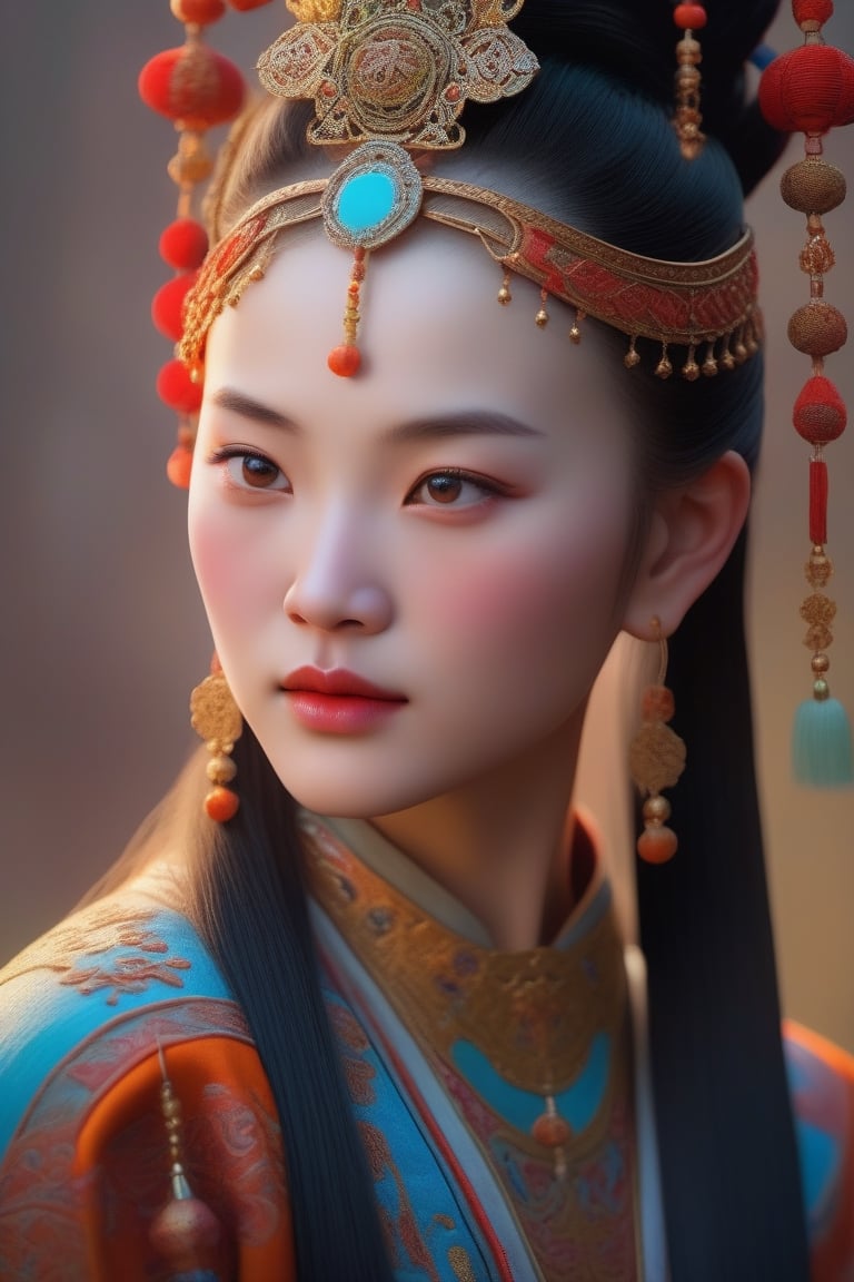 3D portrait fantasy art, close-up, a girl, 13th century china, captivating lighting, striking facial expression, (elaborate costume details:1.3), vibrant colors, powerful presence