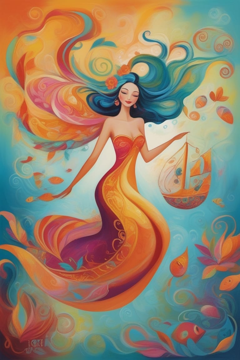 Whimsical and playful, a woman, imaginative, fantastical, bight colors, stylized, happy, whimsical and playful