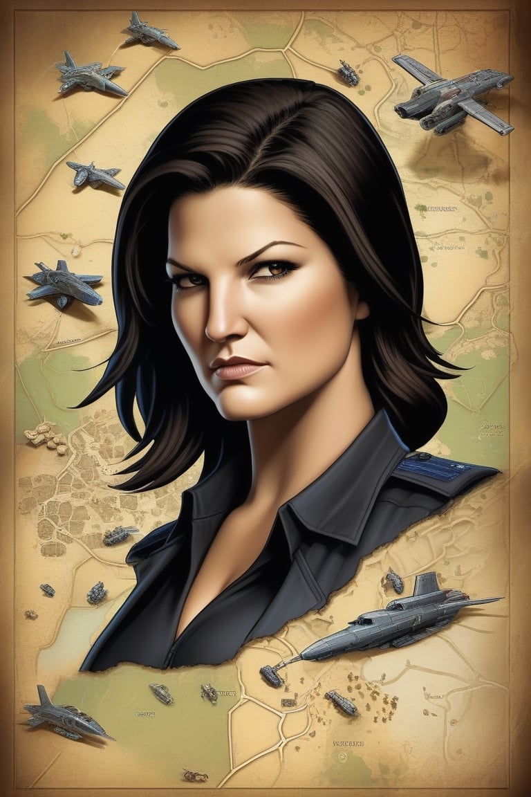 Strategy game style, Gina Carano as Special Agent Natasha Volkova from Command and Conquer, overhead view, detailed map, units, reminiscent of real-time strategy video games
