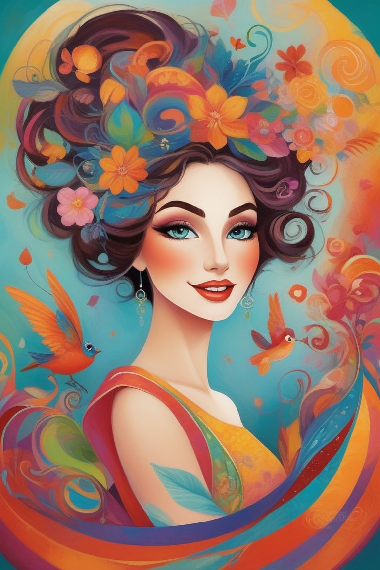 Whimsical and playful, a woman, imaginative, fantastical, bight colors, stylized, happy, whimsical and playful