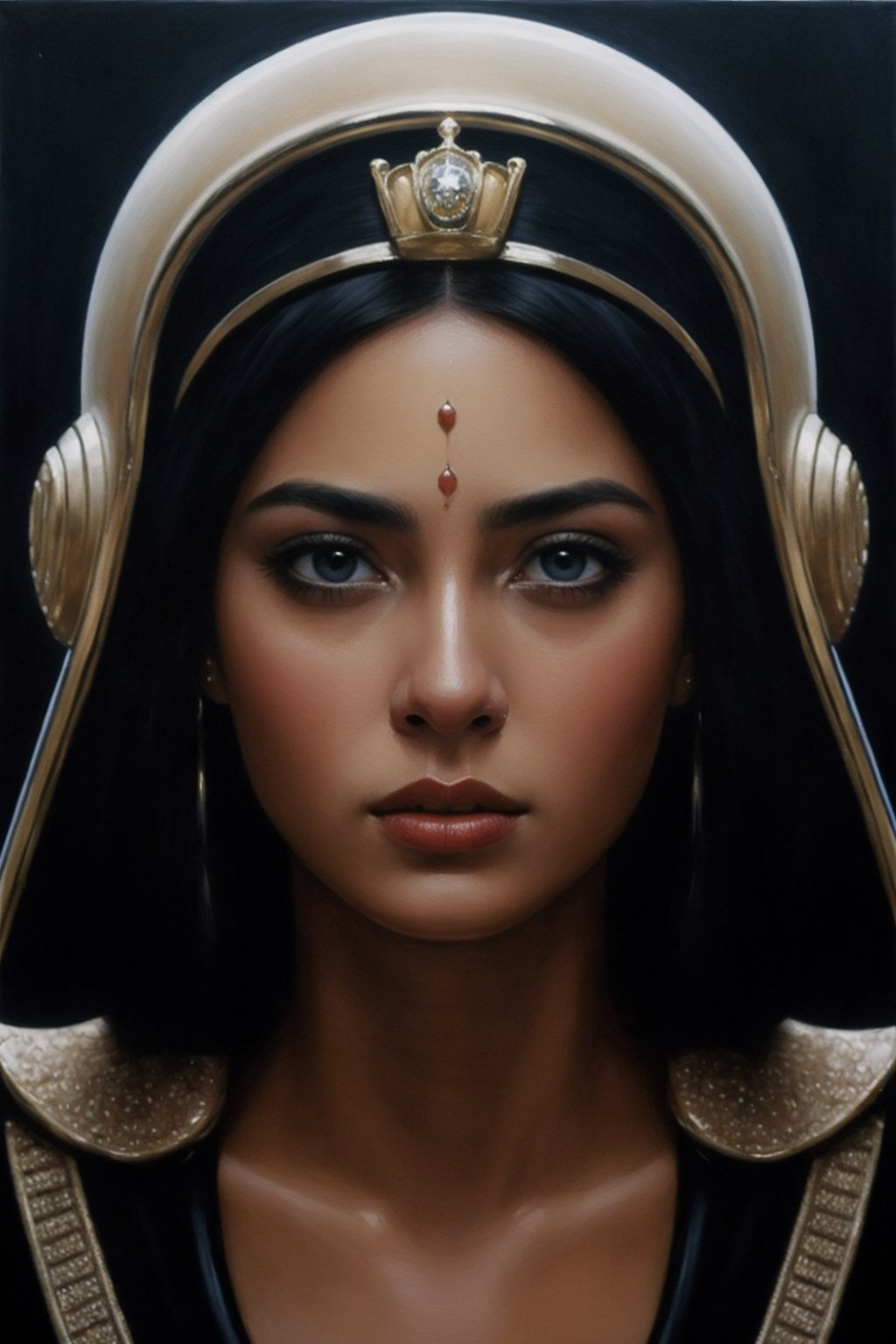 1girl, queen, makeups, futuristic Egypt, solo, dark space, dim light muted color, realistic (painting by Drew Struzan) (masterpiece, best quality:1.3)