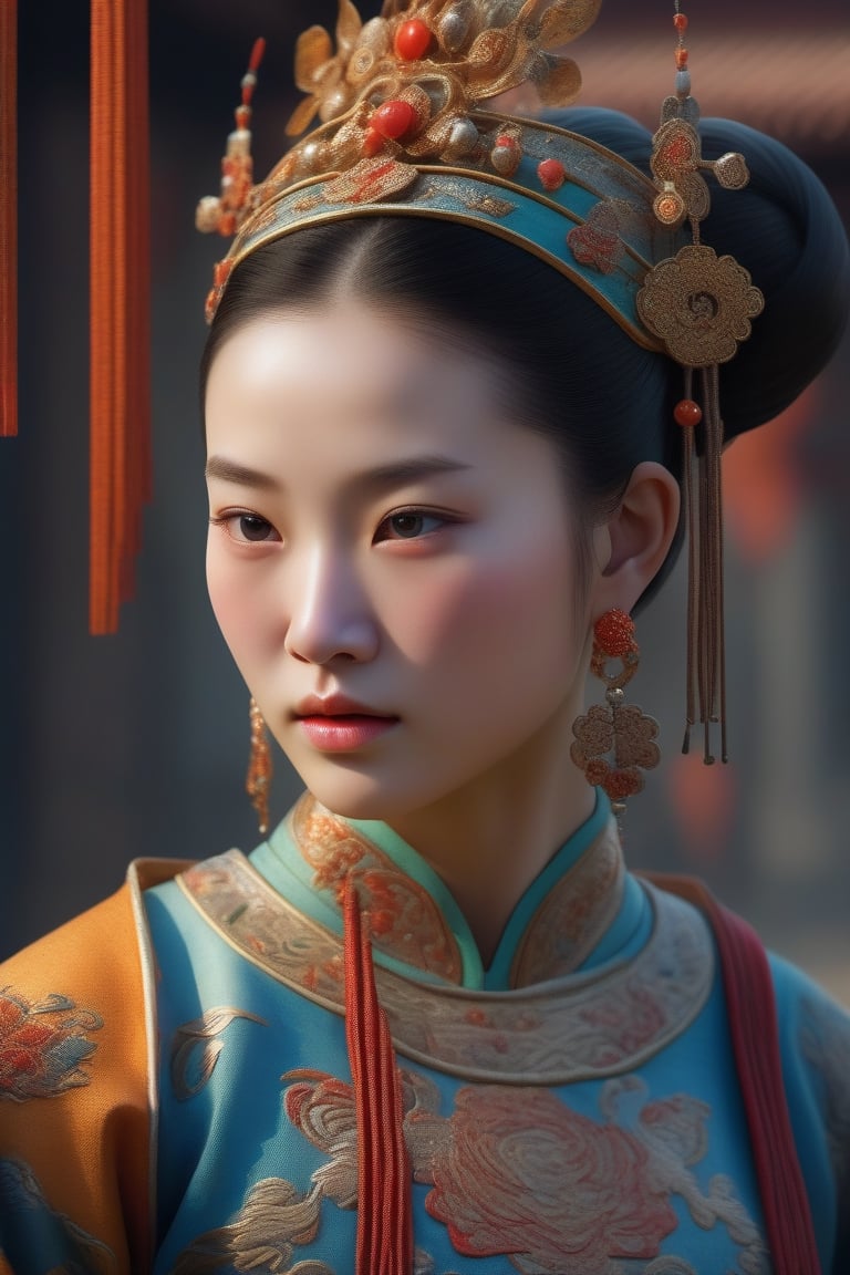 3D portrait fantasy art, close-up, a girl, 13th century china, captivating lighting, striking facial expression, (elaborate costume details:1.3), vibrant colors, powerful presence