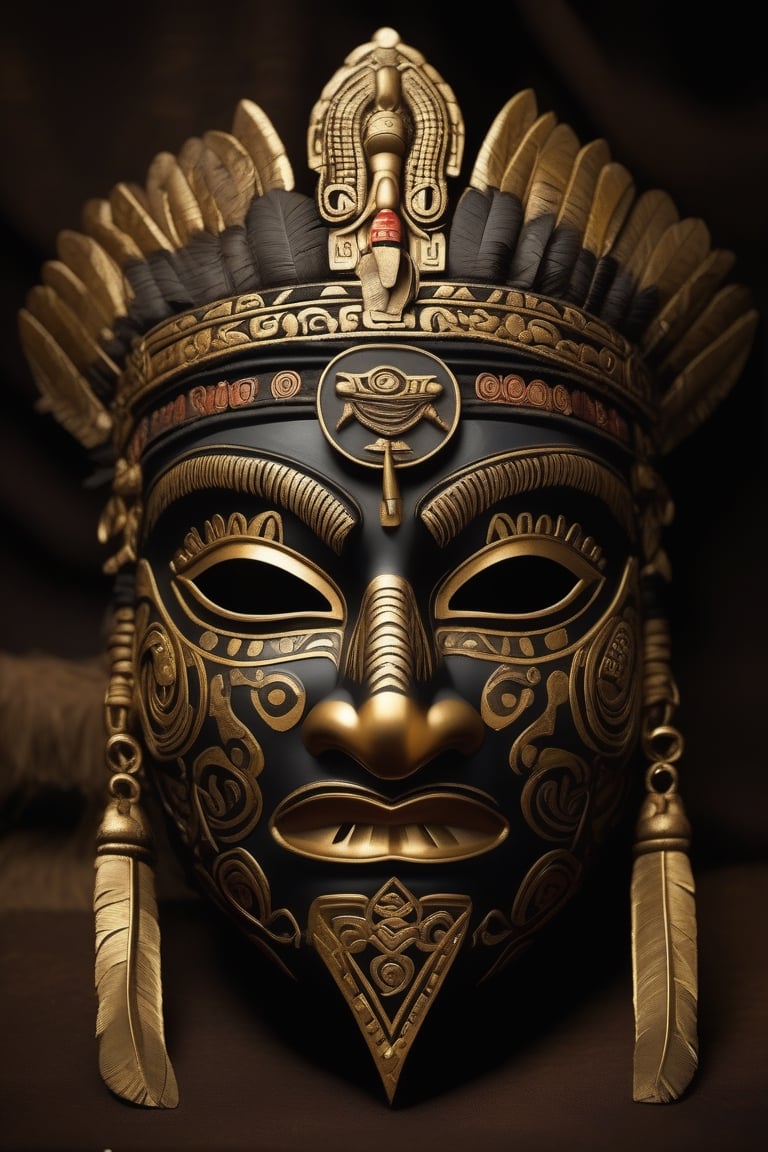 Tribal style, a black and dark gold mask \(Mayan\), indigenous, ethnic, traditional patterns, bold, natural colors, highly detailed