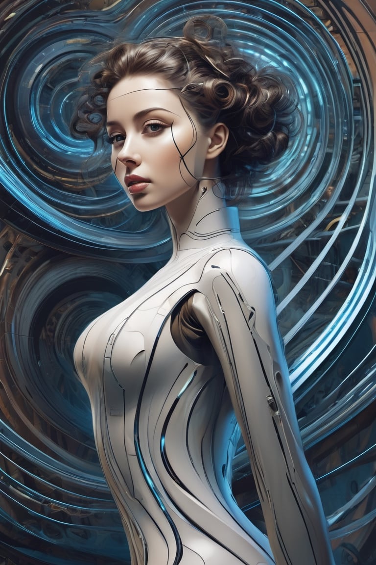 Neo-Futurism, a woman, high-tech, curves, spirals, flowing lines, idealistic future, Neo-Futurism