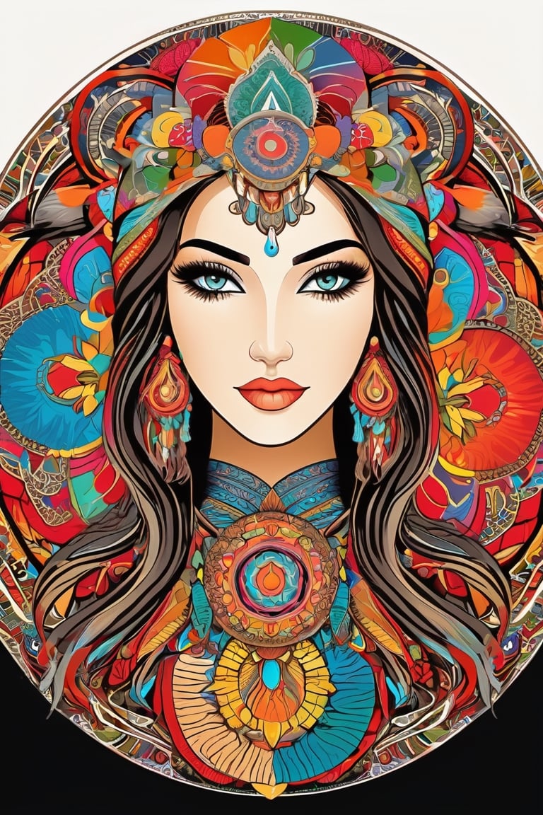 Mandala art style, a woman, complex, circular design, full color, vivid colors, mandala