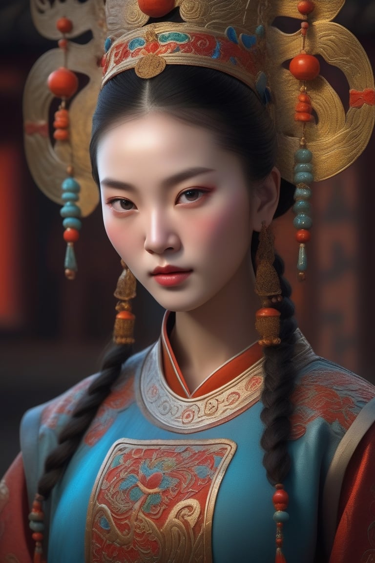 3D portrait fantasy art, close-up, a girl, 11th century china, captivating lighting, striking facial expression, (elaborate costume details:1.3), vibrant colors, powerful presence