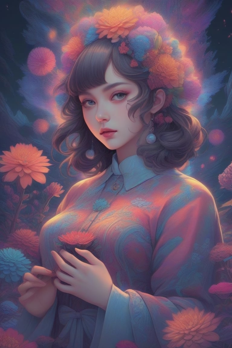 masterpiece, best quality, official art, aesthetic, 1girl, detailed background, isometric, psychedelia art, flower, fractal art
