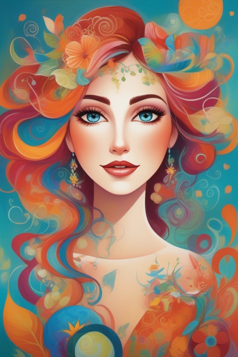 Whimsical and playful, a woman, imaginative, fantastical, bight colors, stylized, happy, whimsical and playful