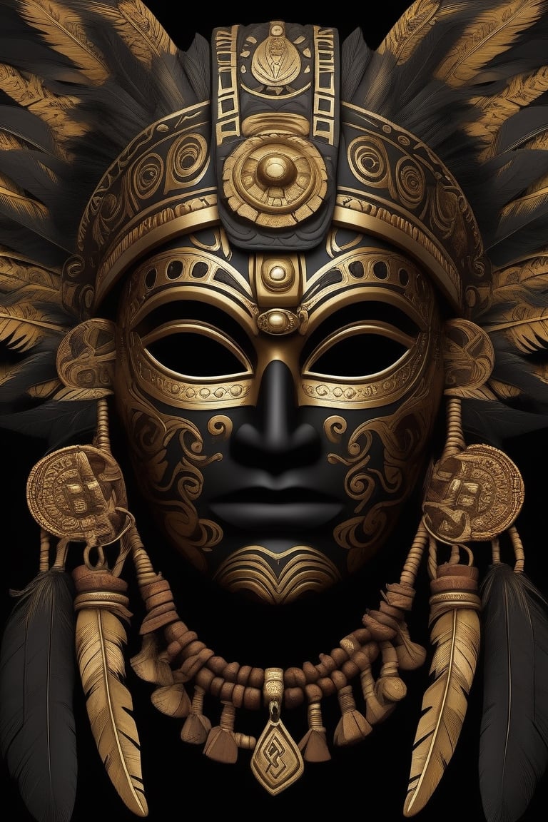 Tribal style, a black and dark gold mask \(Aztec\), indigenous, ethnic, traditional patterns, bold, natural colors, highly detailed