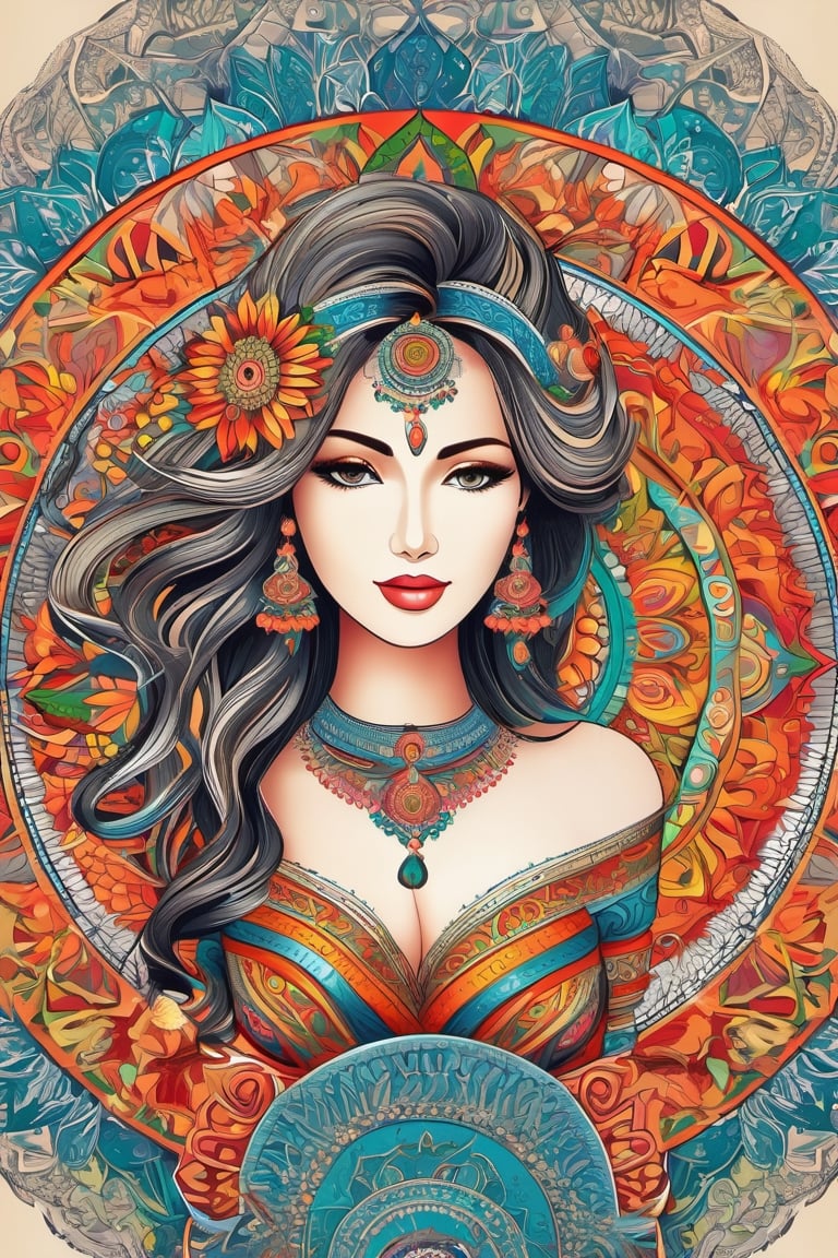 Mandala art style, a woman, complex, circular design, full color, vivid colors, mandala