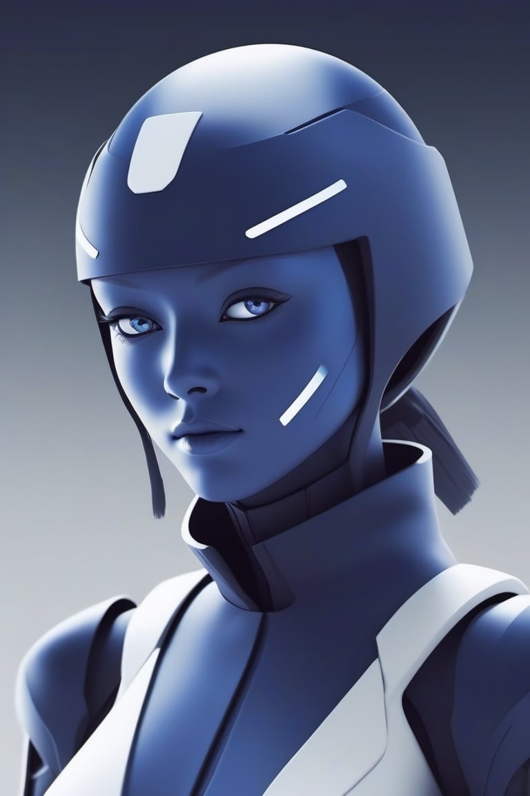 a futuristic ninja android, female, indigo and white theme, simple shapes with few colors