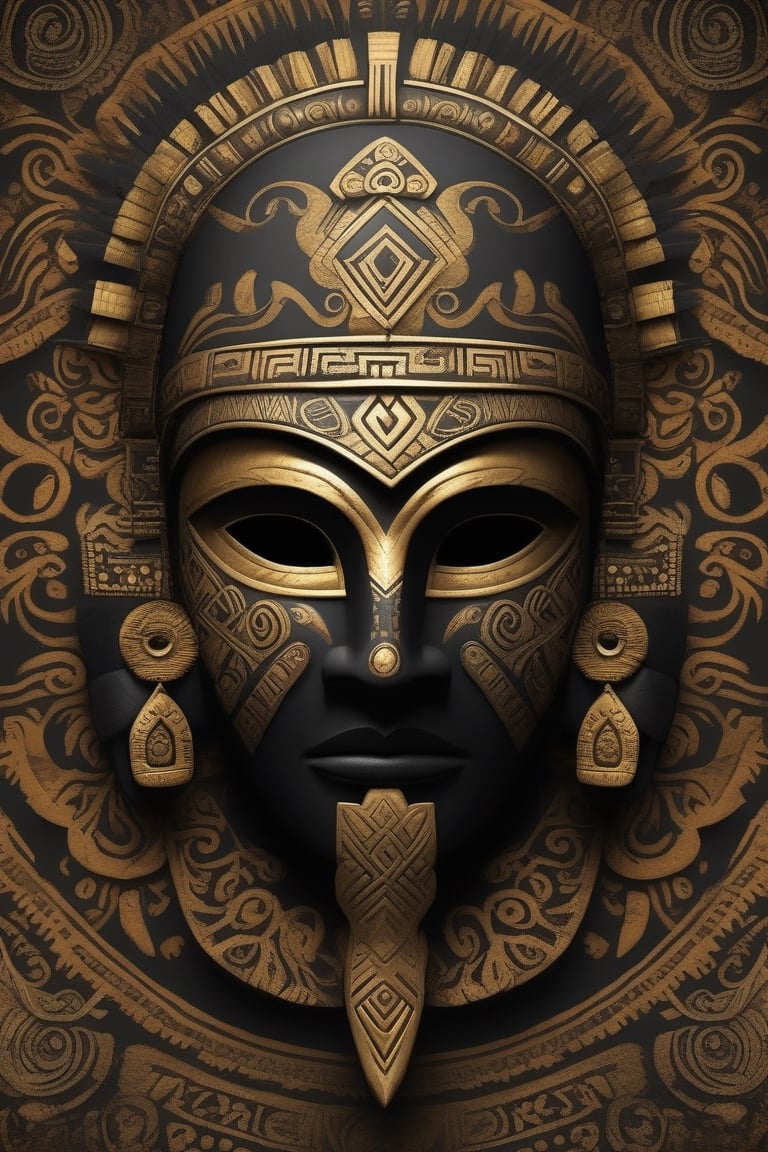 Tribal style, a black and dark gold mask \(Aztec\), indigenous, ethnic, traditional patterns, bold, natural colors, highly detailed