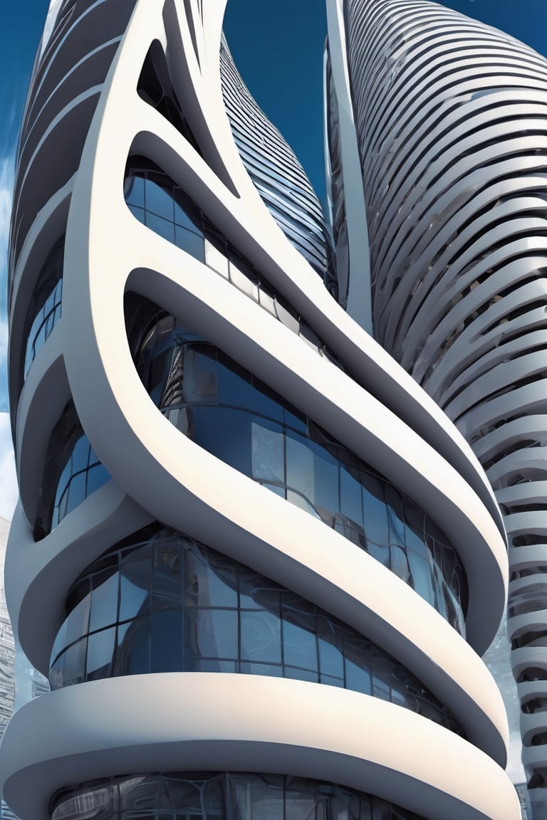 Neo-Futurism, a skyscraper, high-tech, curves, spirals, flowing lines, idealistic future, Neo-Futurism