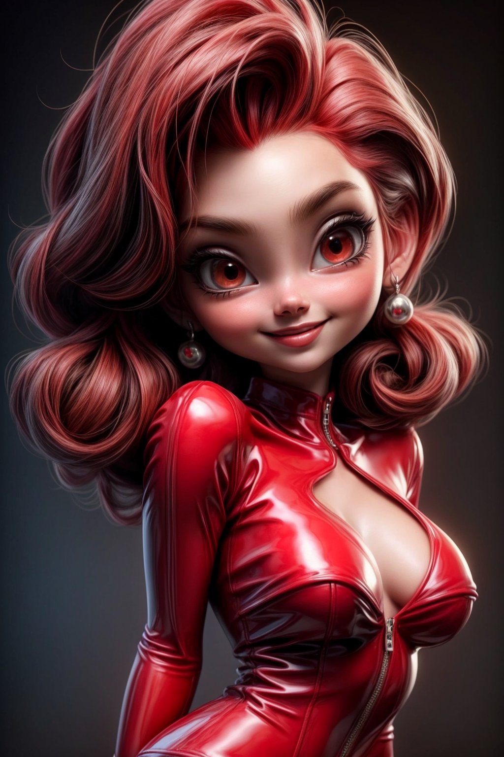 (masterpiece, high res, 16k, perfect anatomy, perfect face), Jessica Rabbit, cute, smile, shy, looking at viewer, black stocking, short (((red))) latex mini dress, sexy, long red hair