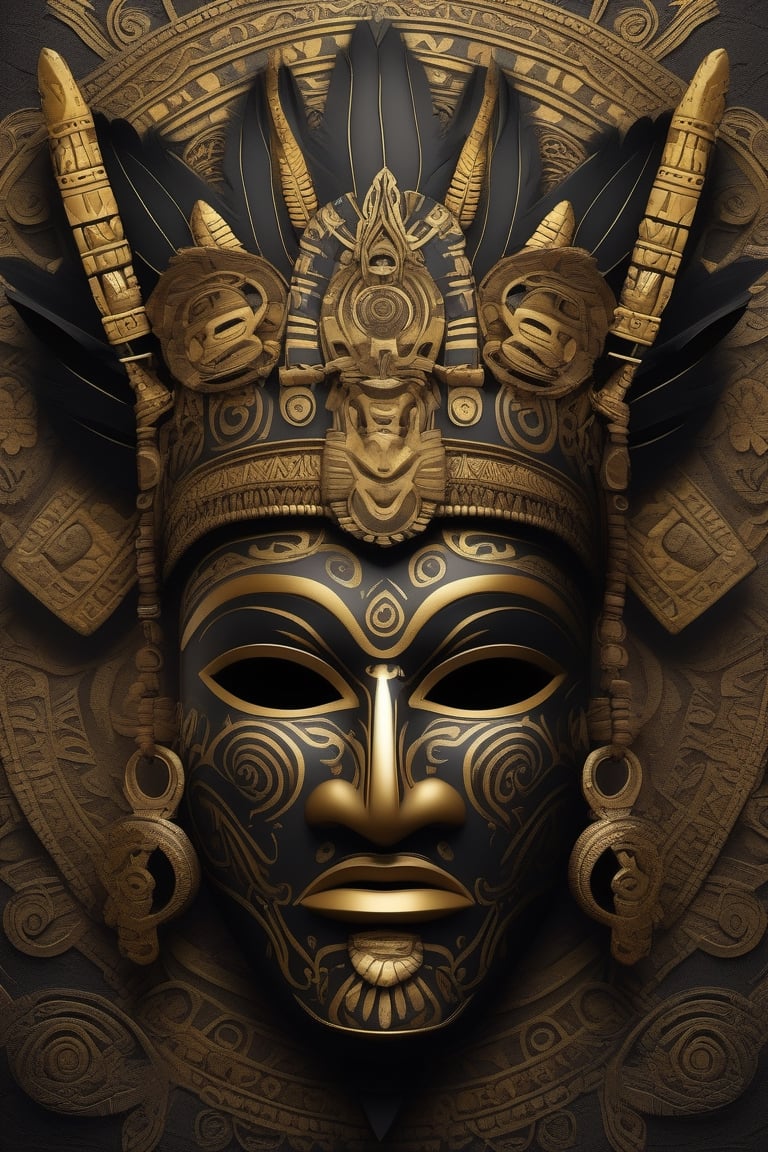 Tribal style, a black and dark gold mask \(Mayan\), indigenous, ethnic, traditional patterns, bold, natural colors, highly detailed