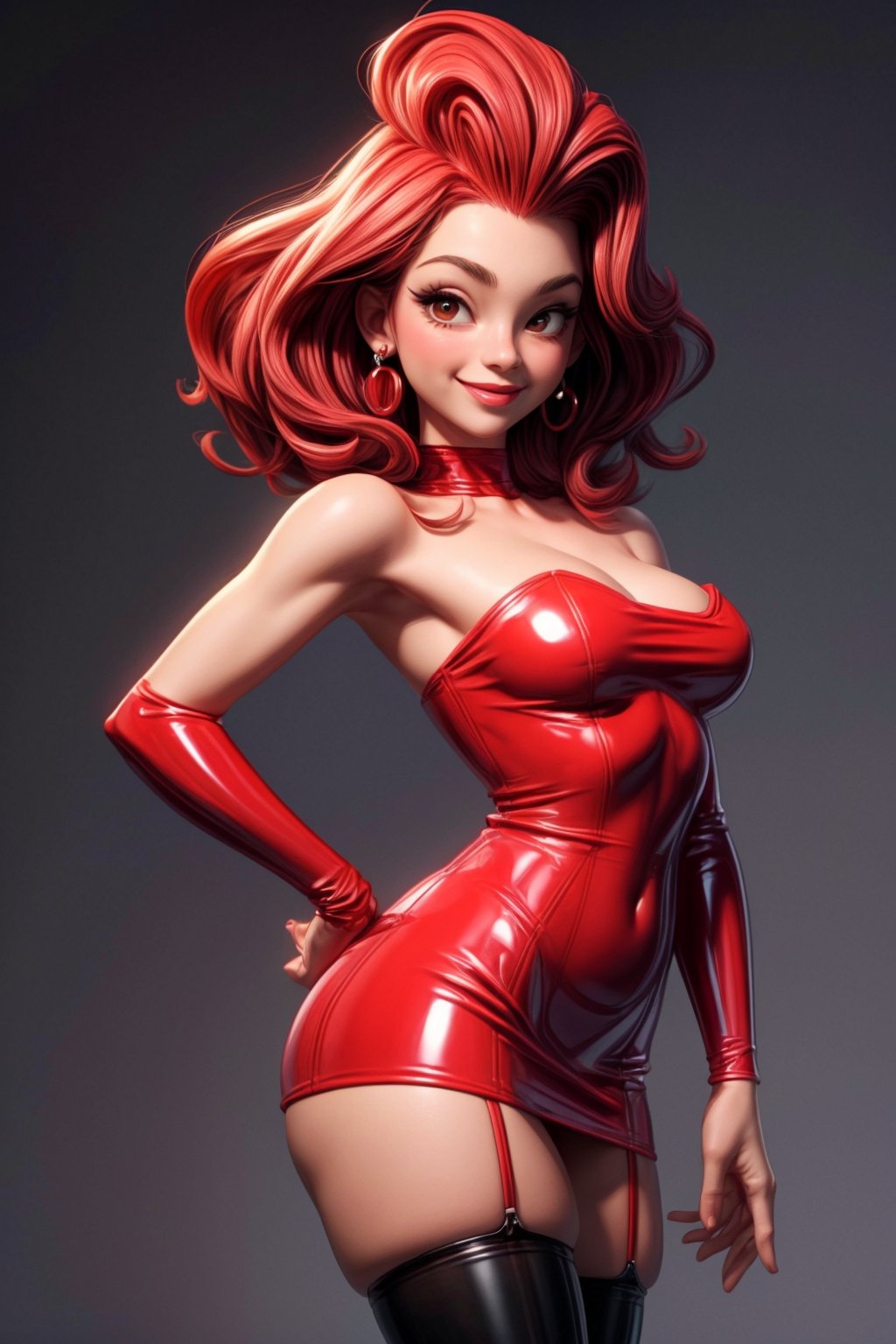 (masterpiece, high res, 16k, perfect anatomy, perfect face), Jessica Rabbit, cute, smile, shy, looking at viewer, black stocking, short (((red))) latex mini dress, sexy