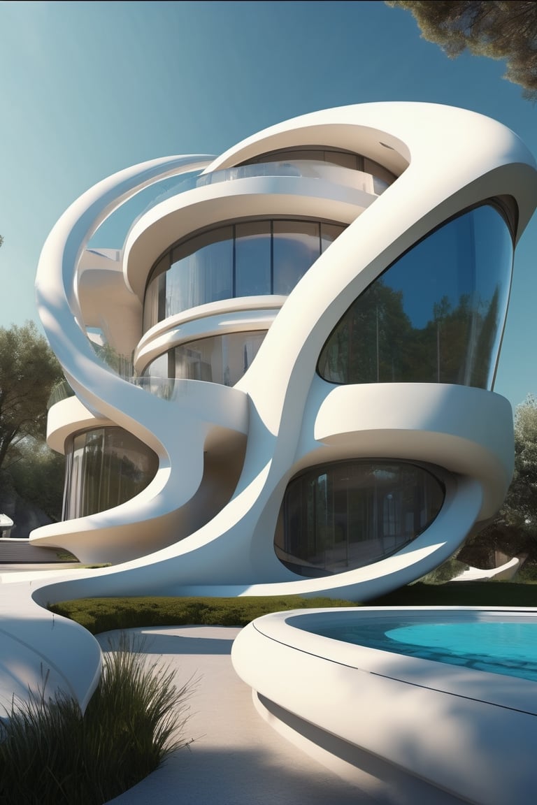 Neo-Futurism, a villa, high-tech, curves, spirals, flowing lines, idealistic future, Neo-Futurism