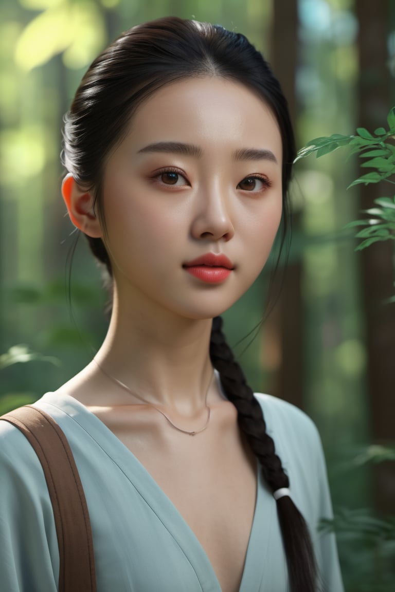 A beautiful Chinese girl stands in the forest, summer, Looking at the camera, close-up, rich in detail ,3D, 8K