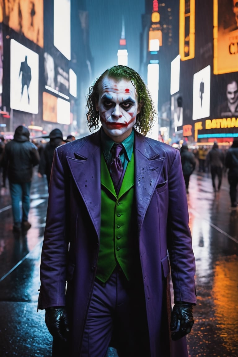 close up portrait The Joker from Batman in the middle of Times Square, staring right at the camera as unsuspecting pedestrians walk by, cyberpunk, insidious, scary, atmospheric, neon lights, rain, full-body, 14mm, noir