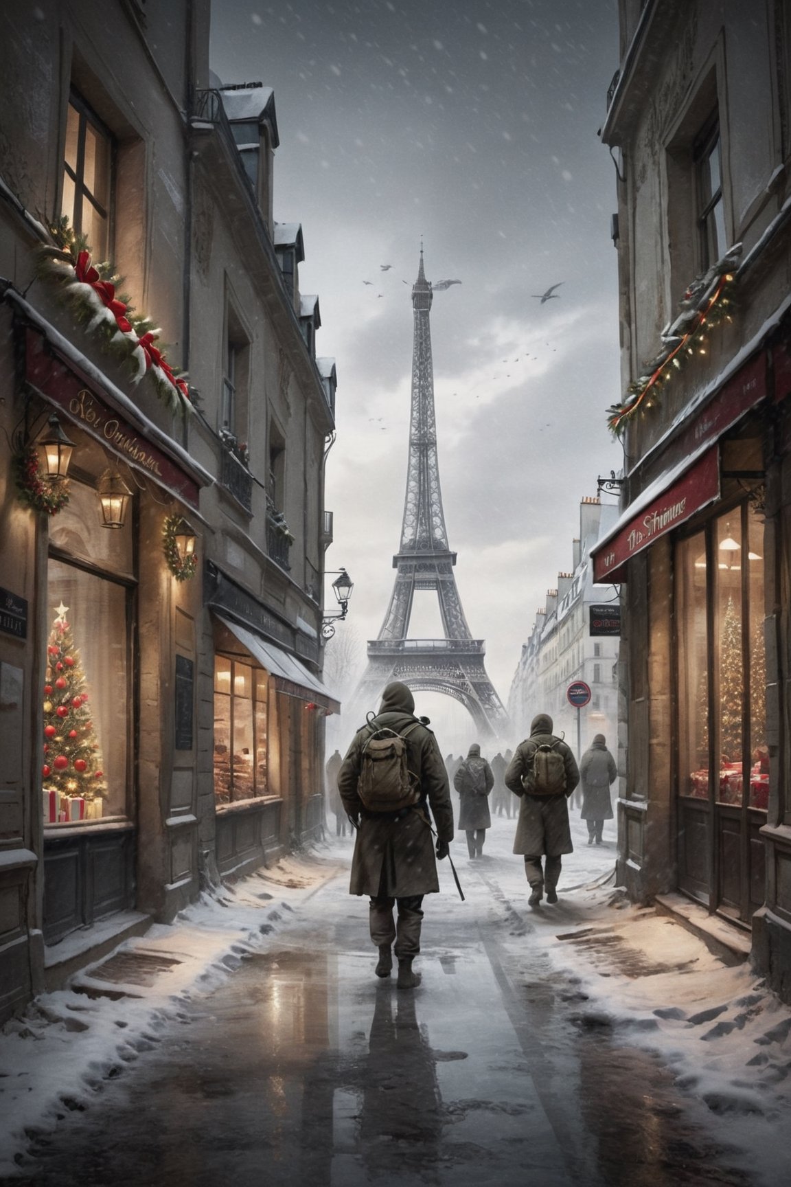 stalker,paris at christmas 32K, 32K, real photography, best quality, high detail, Hyperdetailed, award winning photography, HD, real photography, award winning Photography 