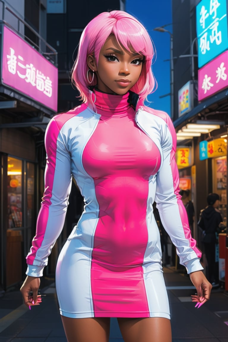 neon pink, white, turtlneck, jacket, adult Black woman, body builder, tunic dress, anime, Japanese cartoon style,