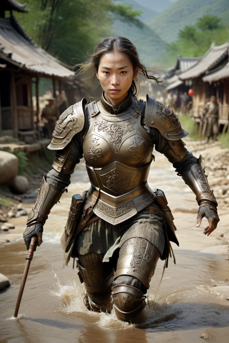 film still, extream angle shot, face dirty, a gorgeous queen soldier lady is crossing a fast drain river in a village, facing the camera, intricate detailed fully bronze metal great military armor, dynamic expressiveness, in the style of hyperrealistic traditional chinese ink painting,annie leibovitz, Bill Carman and Sally Mann, Chinese Religious Aesthetics, hyper detailed, charming atmosphere, clean linecinema, stunning realistic lighting and shading, 32k, uhd 