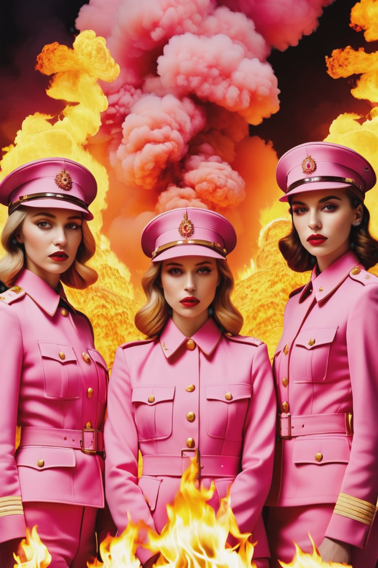 a pink group with fire burning behind them, in the style of steven klein, sandy skoglund, meticulous military scenes, bella kotak, close up, soviet, orderly symmetry