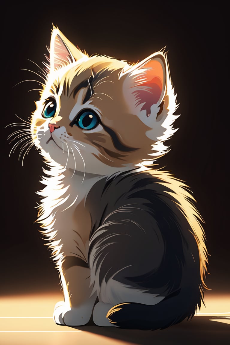An illustration of a kitten, Side view, backlight, 2d illustration, 64K, hyper quality