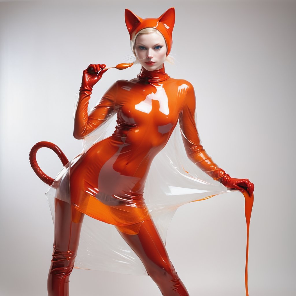 a woman in a cat costume posing for a picture, inspired by Bert Stern, featured on cgsociety, fine art, thin red veins, transparent glass woman, extremely pale, krenzcushart, covered in ketchup, dmitry mazurkevich, elongated figure, see - through, skintight, red gloves, 2b, photor3al,detailmaster2