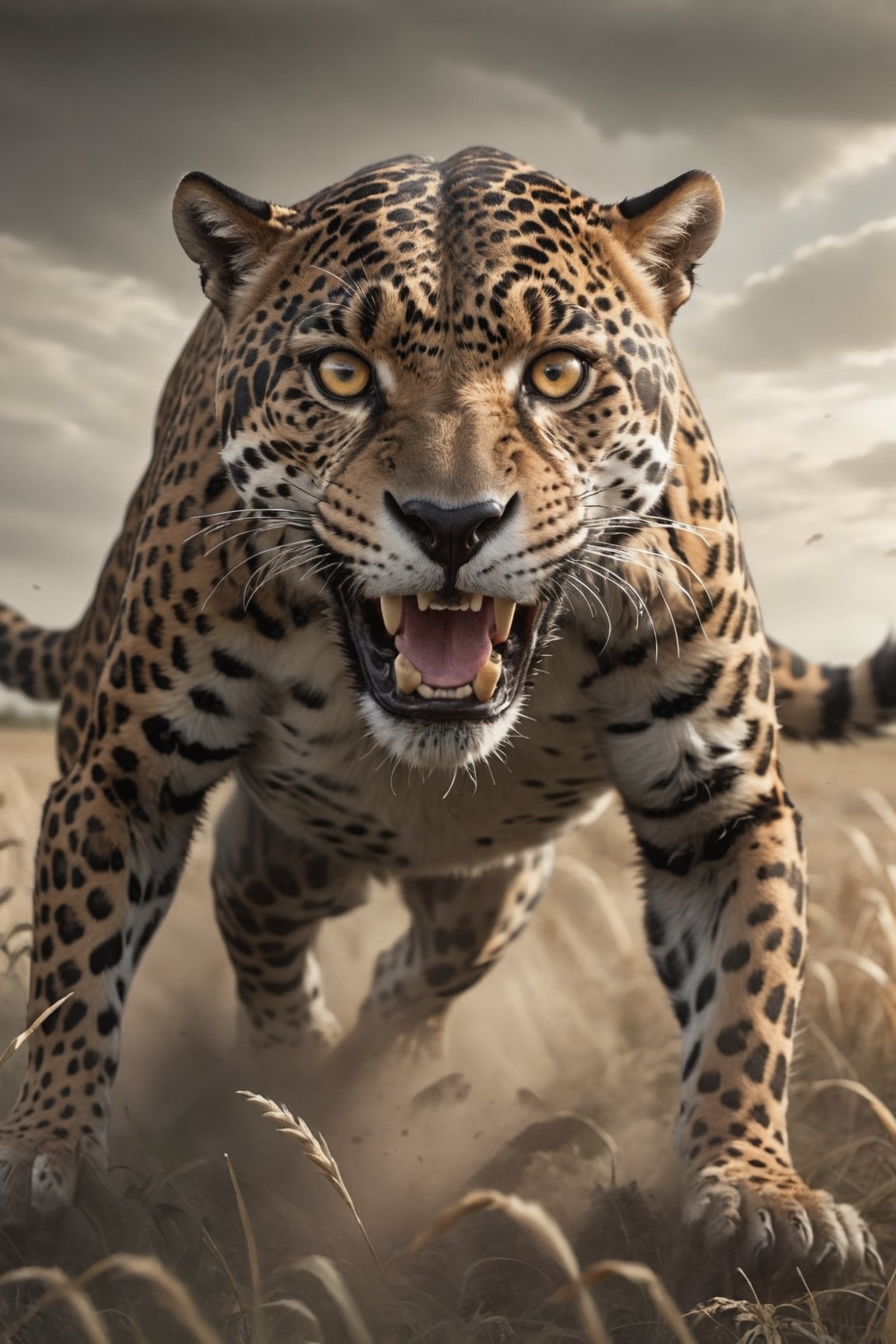 stalker,a black and white photograph of a jaguar raging in the field, in the style of jump cuts, realist detail, dark bronze and dark beige, lively action poses, elongated, ferrania p30, nabis