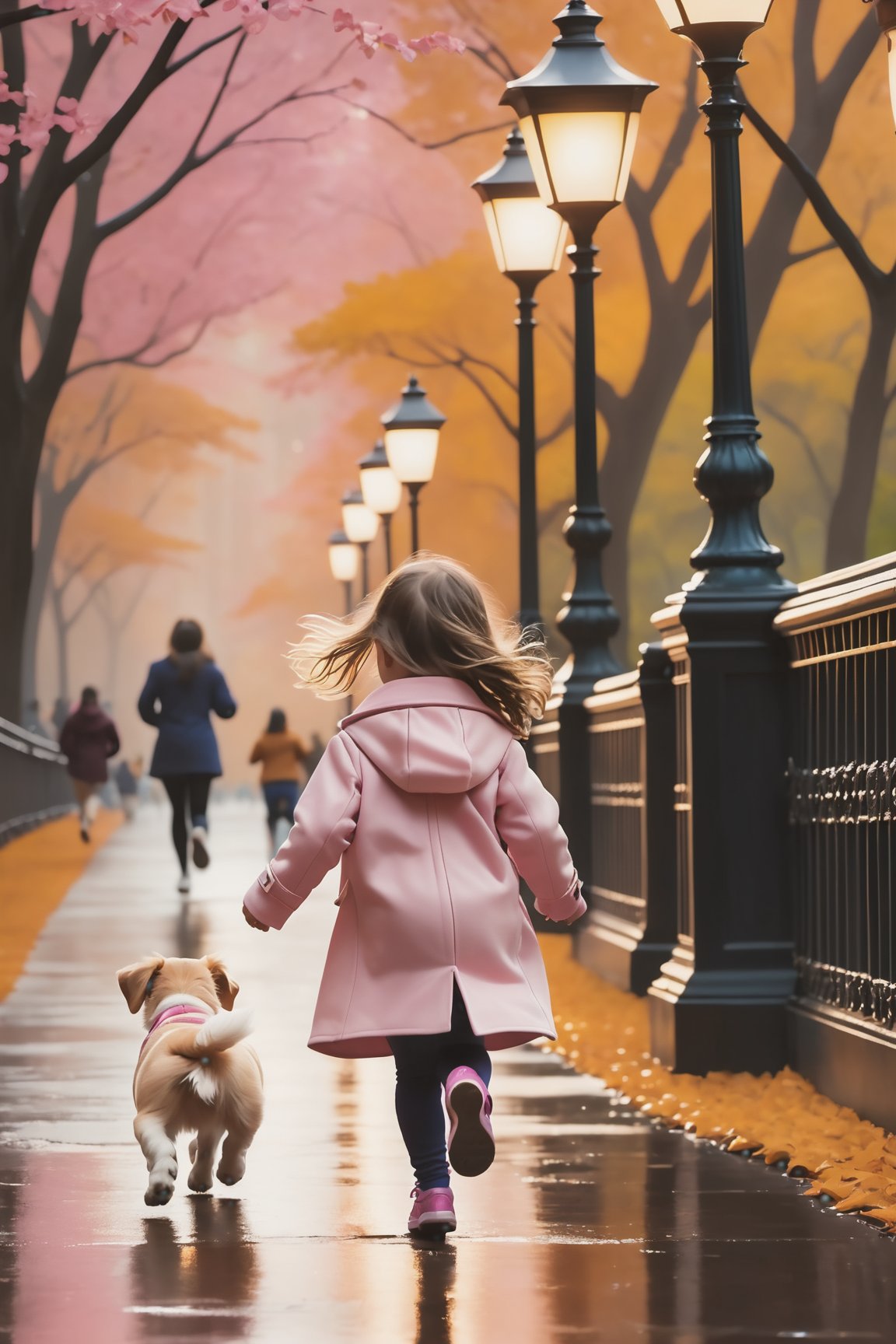 a little girl in a pink coat, running to catch a puppy, rainy path in Central Park, NY, warm amber and soft peach, and gentle streetlamp glow,