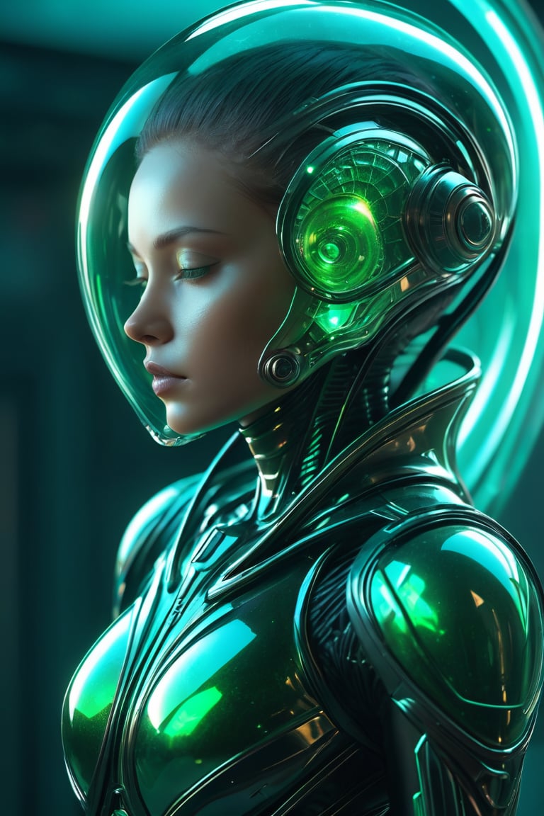 beautiful female alien supersoldier encased in clear emerald jewel cocoon, sleep stasis, strange alien cyberpunk lab, cinematic, revelatory, digital art rendering, ultra-sharp intricate fine details, UHD, HDRI