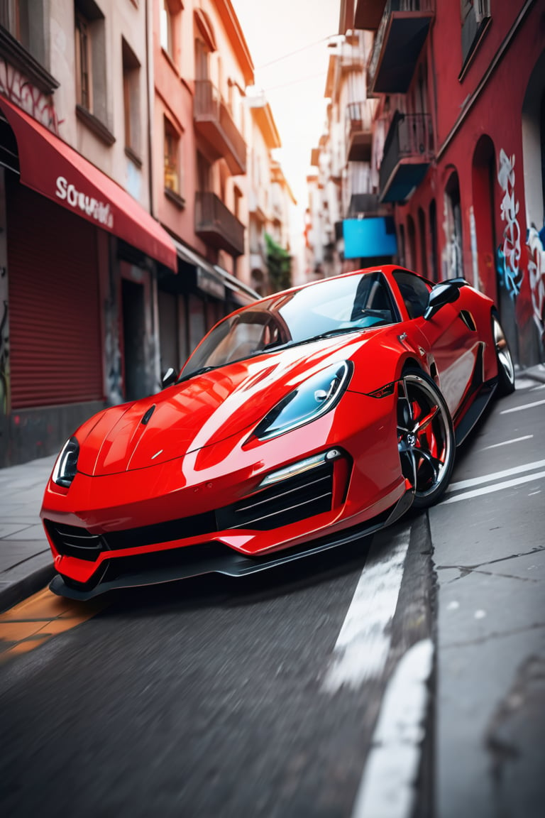 A red sports car sped through the streets of the city, soft focus photography, Graffiti, 2K, high detail