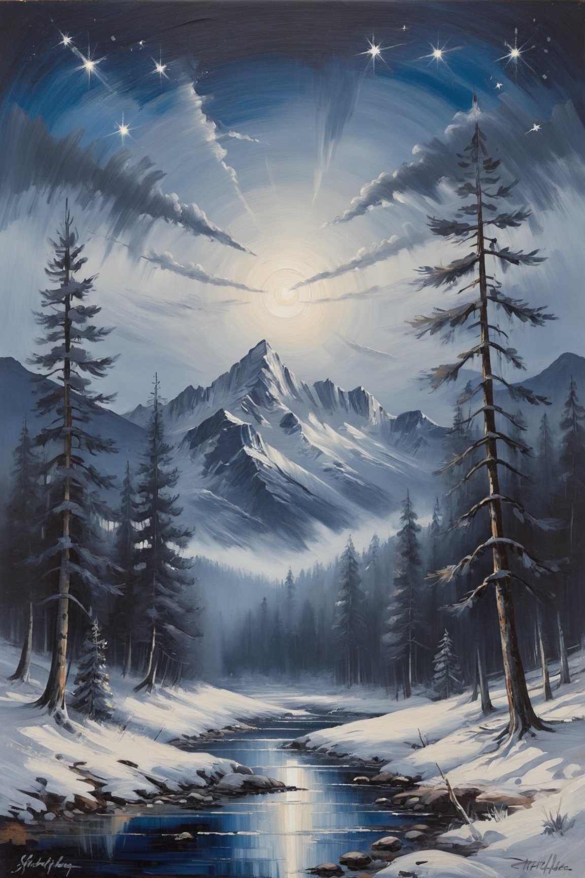 stalker,Pine trees and mountains oil painting, deep blues and bright whites, dark blue and silver, starry night, visible brush strokes 