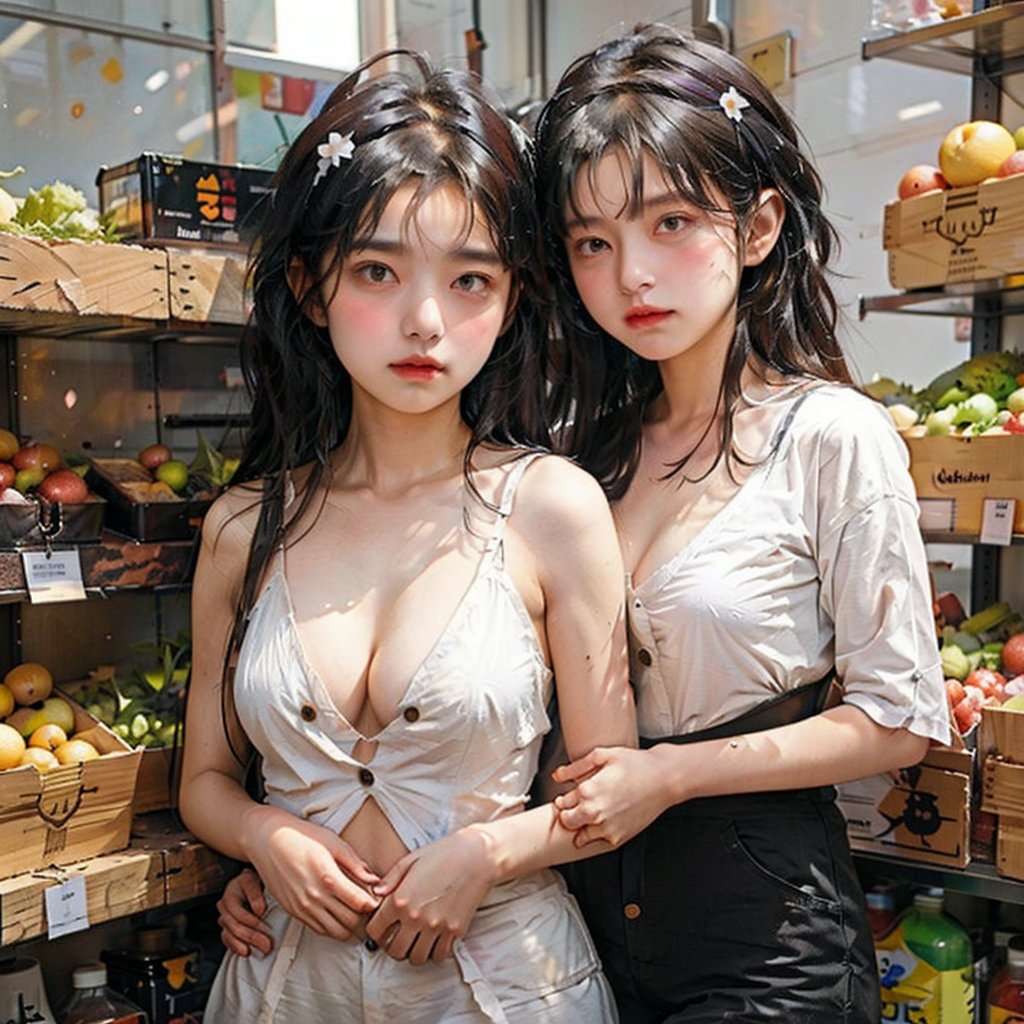 masterpiece, best quality,1girl, ,paizuriinvitation,cleavage,partially unbuttoned,button gap,(hands on own chest,deep skin:1.2),looking at viewer,serious,supermarket, shelves, food, vegetables, fruit, grocery store,White Pantyhose,