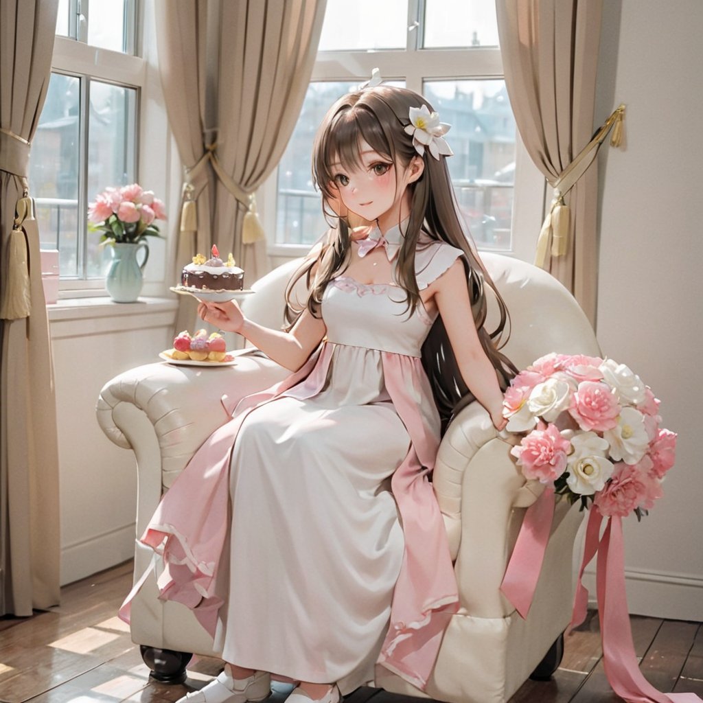 donutgirl, 1girl, solo, long hair, looking at viewer, blush, smile, open mouth, brown hair, gloves, dress, bow, ribbon, bare shoulders, jewelry, sitting, hair ribbon, flower, frills, food, sleeveless, choker, indoors, white gloves, white dress, side ponytail, cup, window, sleeveless dress, rose, chair, drill hair, table, frilled dress, white flower, curtains, couch, pink flower, teacup, cake, teapot, tea, saucer, vase, macaron, tiered tray