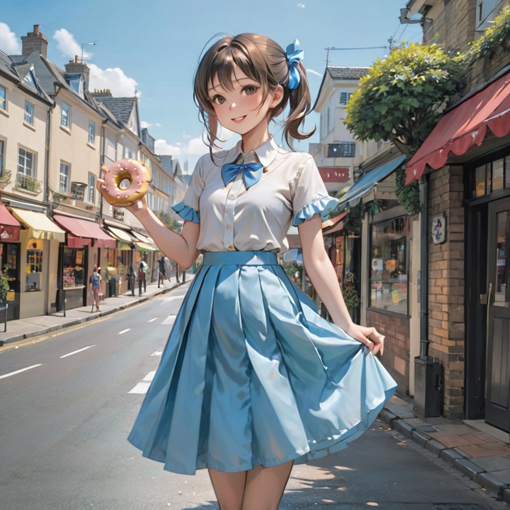 donutgirl, 1girl, looking at viewer, blush, smile, open mouth, skirt, brown hair, shirt, 1boy, bow, holding, brown eyes, jewelry, ponytail, short sleeves, hair bow, earrings, outdoors, frills, one eye closed, food, sky, solo focus, day, puffy sleeves, cloud, apron, red bow, blue sky, puffy short sleeves, blue skirt, wrist cuffs, swept bangs, ;d, frilled skirt, ground vehicle, motor vehicle, faceless, tray, faceless male, car, waitress, holding tray, doughnut, holding plate, roller skates